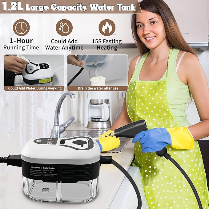 Portable Steam Cleaner 2500W Pressurized Handheld Steam Cleaner with 1.2L Water Tank 6 Levels Steam Output 15s Fast Heating Steamer for Cleaning Home Furniture Bathroom Car Detailing (White)