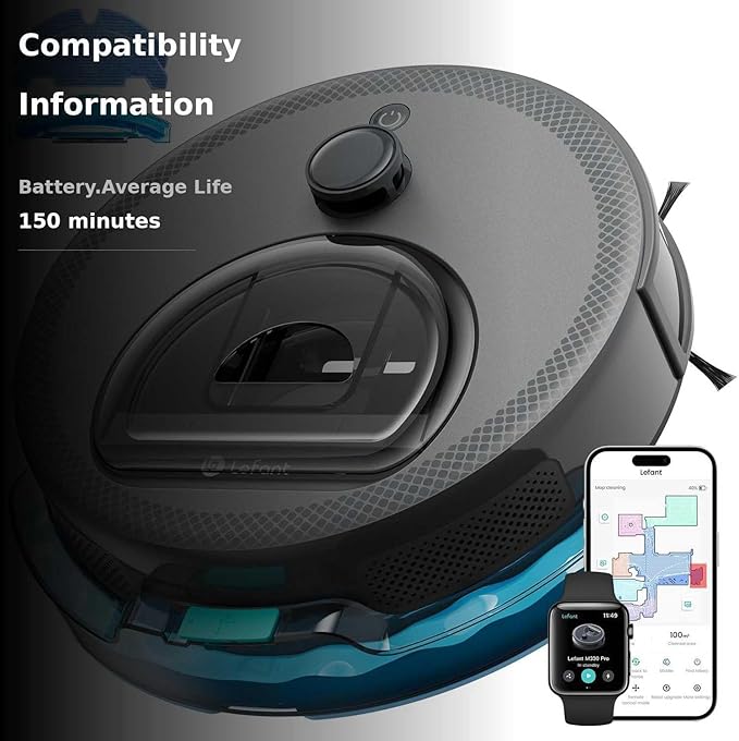 Lefant LiDAR Robot Vacuum and Mop Smart Mapping and Obstacle Avoidance Tangle-Free Pet Hair 2.4G/5G WiFi App Control Slim Design for Wider Coverage Carpet Detection M330 Pro Grey