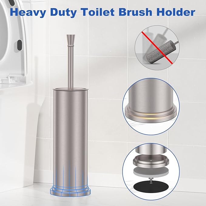 Toilet Brush and Holder Set：304 Stainless Steel Heavy Duty Toilet Bowl BrushRemovable Inner Bowl and Splash ProtectionBathroom Toilet Brush-Dense Bristles for Through Cleaning