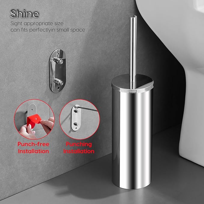 Toilet Brush and Brush Holder Stainless Steel No-Punch Hook Base Dual Purpose Toilet Brush Holder with Removable Inner Bucket and Splash Cover - Soft Bristles (Chrome)