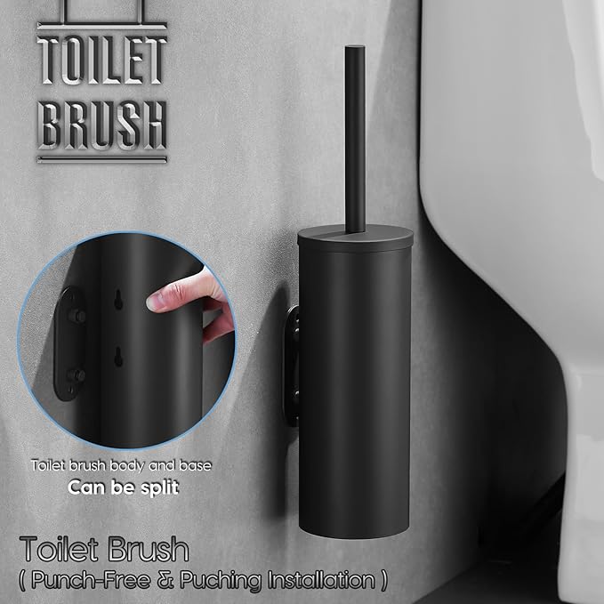 Toilet Bowl Brush and Holder 304 Stainless Steel No-Punch Hook Base Dual Purpose Toilet Brush Holder with Removable Inner Bucket and Splash Cover - Soft Bristles (Black)