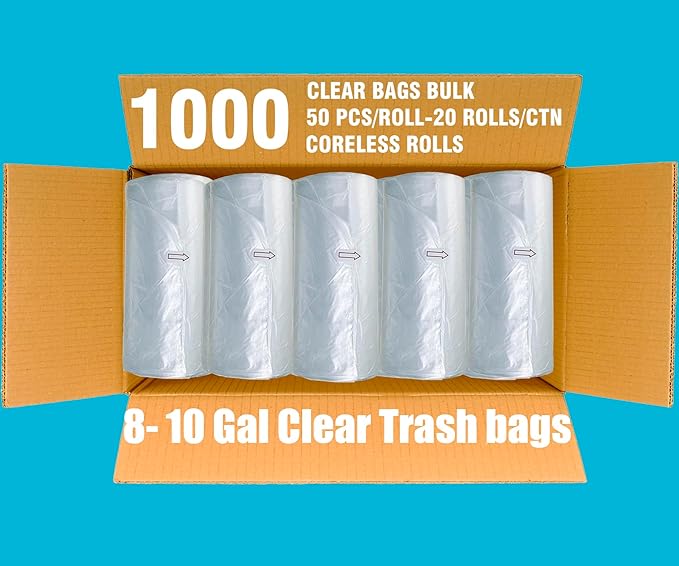 Trash Bags 8-10 Gallon 1000 Count Bulk Value Pack Clear Plastic Recycling Bags Multi-purpose Garbage Bags Can Liners for Business Home Kitchen Commercial and Industrial