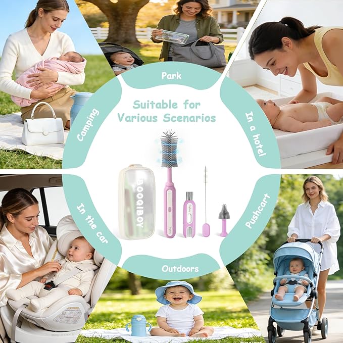 Electric Baby Bottle Brush Cleaner 5-in-1 Travel Kit with Storage Bag Food-Grade Silicone Long Battery Life Portable Baby Bottle Cleaner Brush Set Ideal Gift for Parents &amp Babies (Purple)