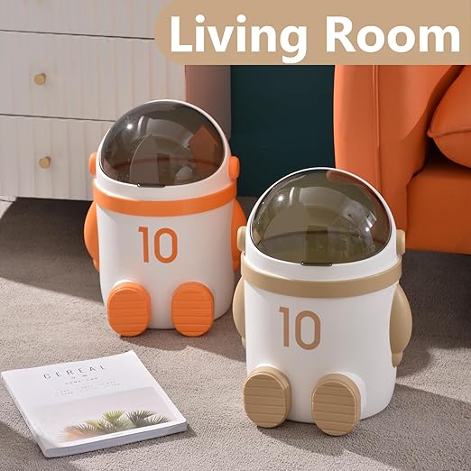 URALFA Astronaut Trash Can 12 Liter /3.2 Gallon Bathroom Trash Can with Lid Cute Trash Bin for Kids Plastic Garbage Can with Swing Lid Spaceman Wastebasket for Bedroom Dorm Living Room Khaki