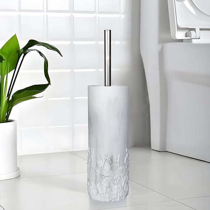 Marble Cherry Blossom Design Resin Toilet Brush and Holder Set for Bathroom Stylish Design with Durable Bristles and Compact Storage