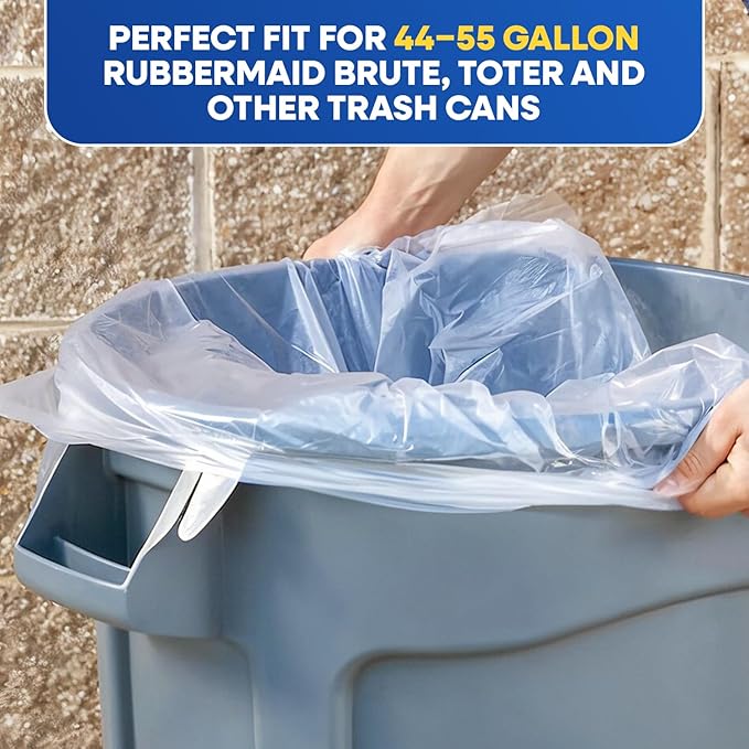 55 Gallon Trash Bags 1.3 Mil Heavy Duty Fit Rollout Containers Round and Square 32-55 gal Trash Cans 36 x 50 Large Durable Garbage Trash Can Liners Clear Pack of 100