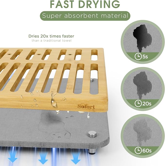 Sofort Stone Drying Mat for Kitchen Counter Quick Dry Ultra Absorbent Dish Drying Mat with Bamboo Rack Diatomaceous Earth Drying Pad for Dishes Plates Mugs 16″x12″