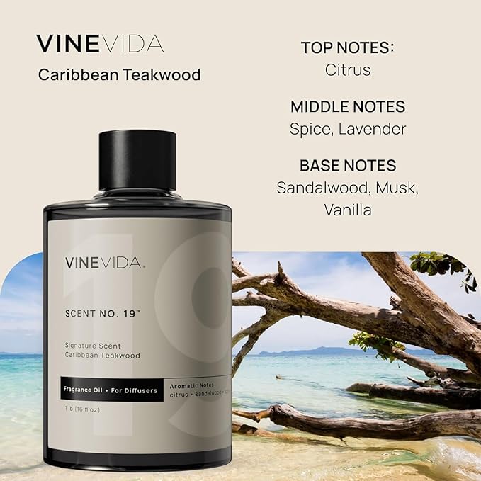 VINEVIDA [16 Fl Oz] Caribbean Teakwood Fragrance Oil for Cold Air Diffusers Essential Oils for Diffuser Oil Refill &amp Air Freshener Room Spray