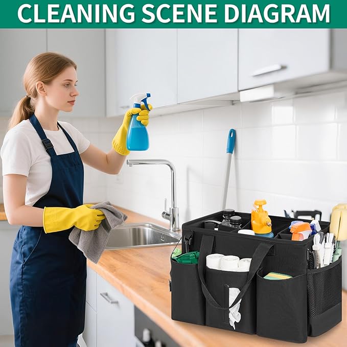 Wearable Cleaning Caddy Bag for Cleaning Supplies Large Capacity Cleaning Organizer Tote Bag Kitchen Cleaning Supplies Storage Bag for Cleaners Housekeepers (Black)