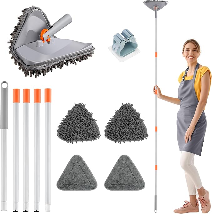 Wall Cleaner Mop with Long Handle 82 Inches 3-in-1 Ceiling Cleaning Tool Duster Adjustable Length with Replacement Microfiber Chenille Pads (4 Pads)