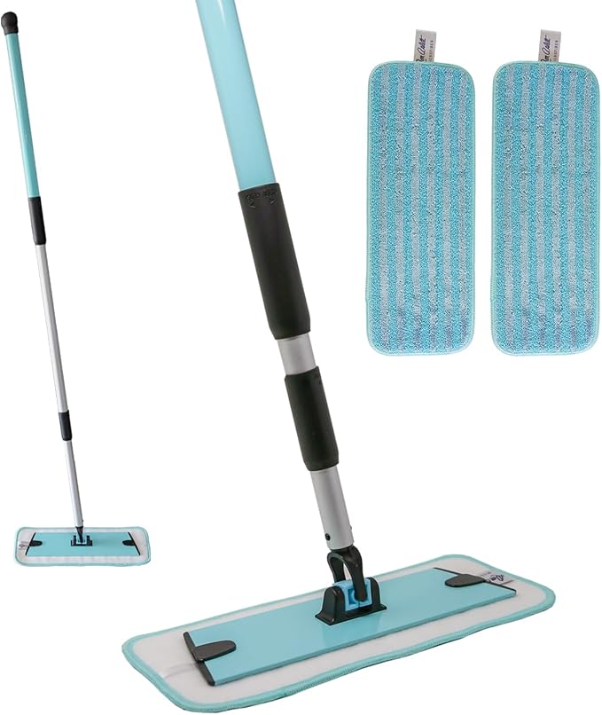 Don Aslett's 12 Mop with 2 Reusable Microfiber Pads (Aqua) Bathroom or Kitchen | 360° Rotating Head | Machine Washable | Extending Pole