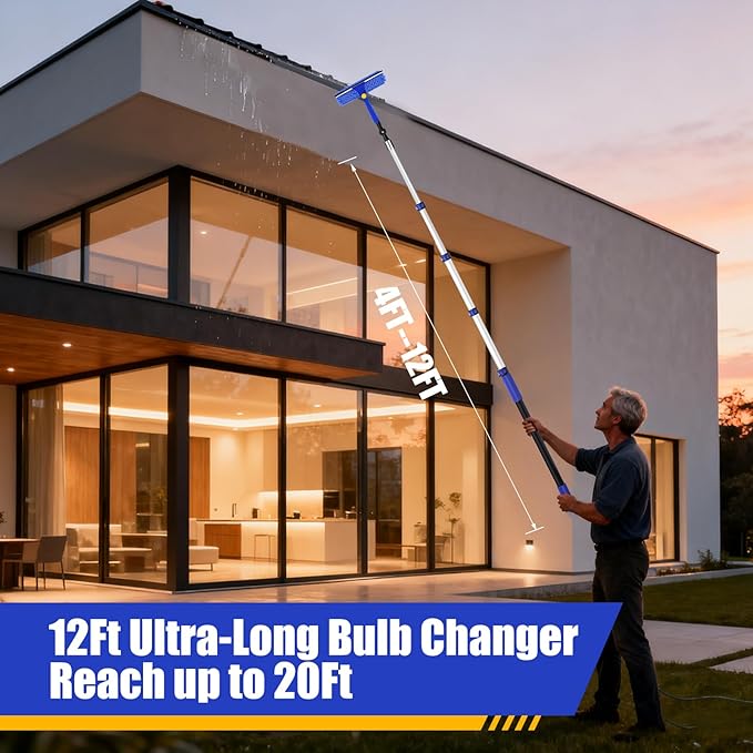 20FT Light Bulb Changer for High Ceilings with 5-12FT Heavy Duty Extension PoleHigh Ceiling Fan Duster Extendable Reusable CobwebFeatherWindow Cleaning Squeegee Kit for Home &amp HouseInterior Ro