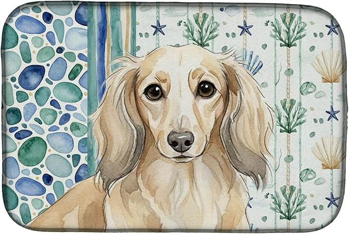 Caroline's Treasures Longhaired Cream Dachshund Coastal Sea Glass Dish Drying Mat Absorbent Dish Drying Mat Pad for Kitchen Counter Dish Drainer Mat for Countertop 14 x 21 Multicolor