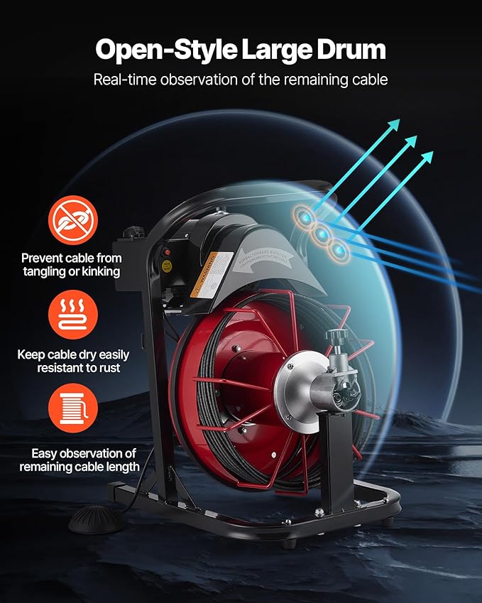 VEVOR Drain Cleaner Machine 50 FT x 5/16 Inch Auto Feed Sewer Snake Auger with 4 Cutters &amp Air-Activated Foot Switch for 2 to 4 Pipes
