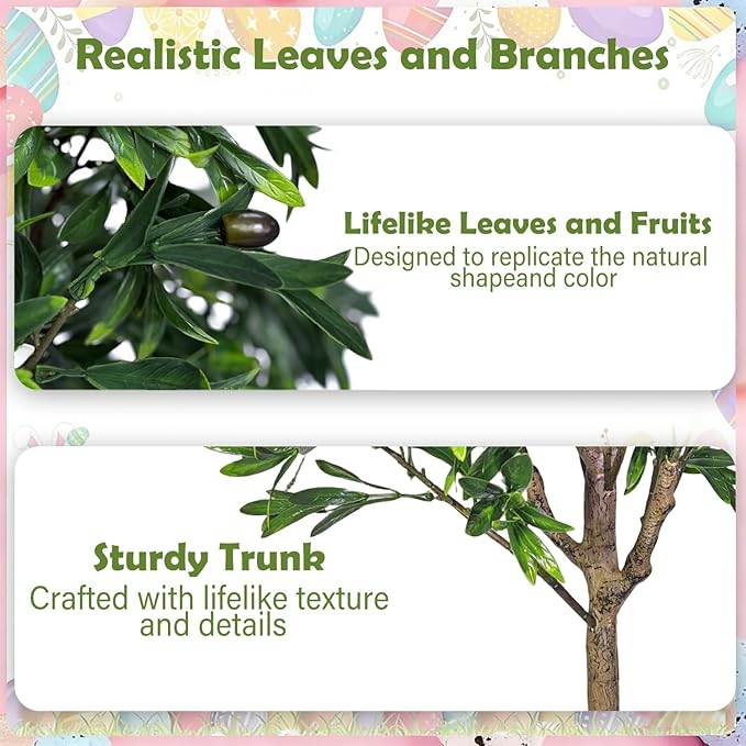 Easter Artificial Olive Trees Indoor Outdoor Decor 3.6 FT Tall Faux Olive Tree with Easter Eggs Planter UV Resistant Fake Plants Bushes Ever-Greenery with Lifelike Fruits for Home Office
