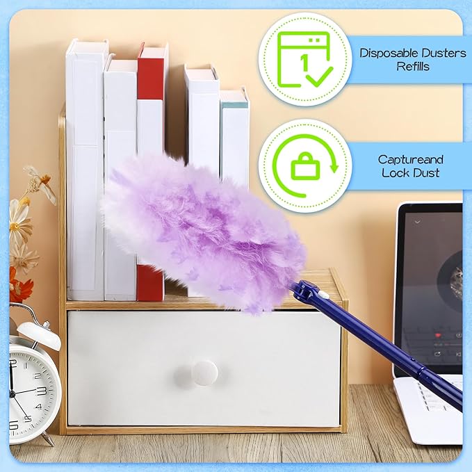 Vesici 100 Pcs Duster Refills Compatible with Swiffer Dusters Bulk Disposable Replacement Thickened with 1 Handle Heavy Duty for Cleaning Office (Purple and Pink)