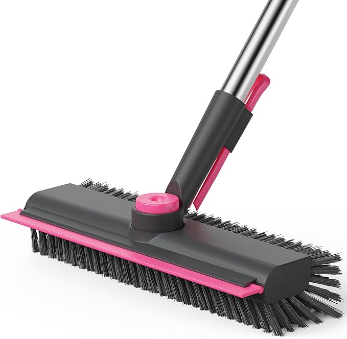 AIR U+ Floor Scrub Brush with Long Handle 3 in 1 Scrape and Heavy-Duty Stiff Bristle Scrubber Brush for Cleaning Shower Bathroom Patio Pool Garage Kitchen Wall and Deck Gray and Pink