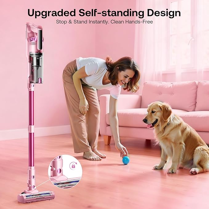 Trucozie Cordless Vacuum Cleaner Self-Standing Lightweight Stick Vacuum with 50 mins Runtime Powerful Suction Anti-Tangle Wireless Vacuum for Home Hardwood Floor Carpet Pet Hair Pink