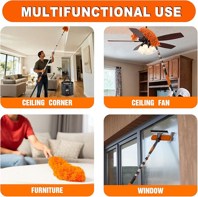 30FT Reach High Ceiling Duster Kit Window Cleaning kit with 5-24FT Extension Pole Fan Duster for Ceiling Fan Blades Microfiber Feather Duster Window Squeegee Bucket and Cobweb Duster