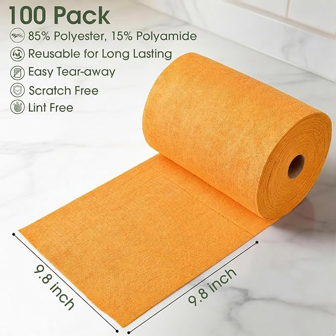 Microfiber Cleaning Cloth Roll–100 Pack Tear Away Microfiber Towels Reusable Washable Scratch-Free Kitchen Towels for Car Home Kitchen Glass Dishes(Tangerine Yellow)