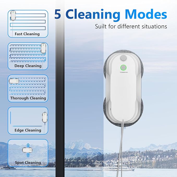 Tosima W5 Window Cleaning Robot Dual Direction Auto-Spray Smart Window Cleaner with Triple Safety System Smart Navigation Remote Control for All Smooth Surfaces with 8 Rags (White)