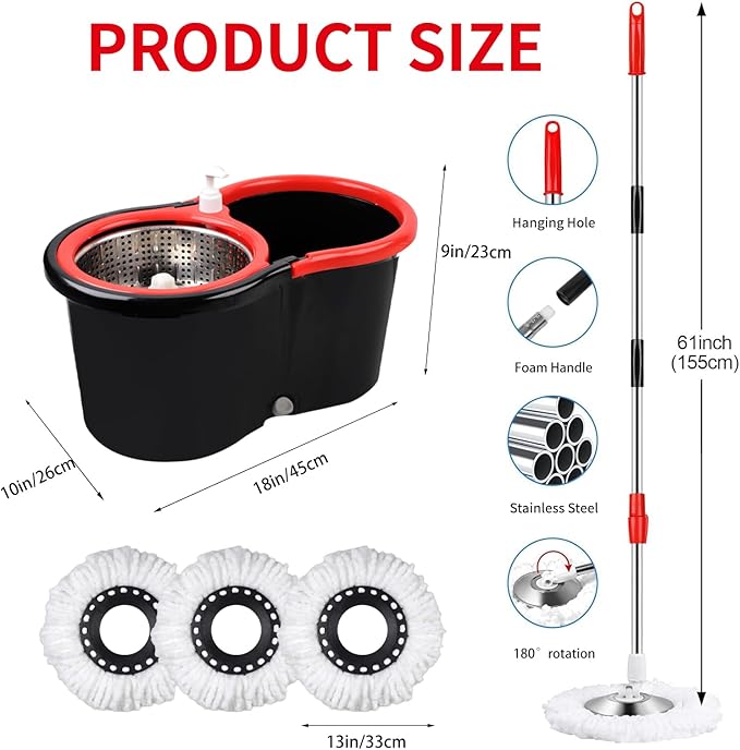 Operable 360 ° Rotating Mop Bucket SetMop and Bucket with Wringer Setwith 3 Microfiber Replacement HeadStainless Steel Mop Bucket 61 Inch Adjustable Handle Household Cleaning Tools（2 Sets