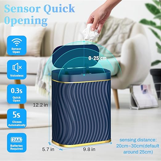 steo spce Bathroom Small Trash Can with Automatic Touchless Lid 2.6 Gallon Smart Garbage Can Narrow Waterproof Trash Bin for Bedroom Office Living Room (Dark Blue)