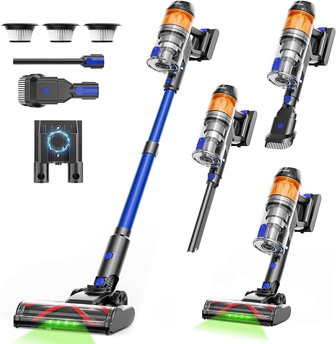 Cordless Vacuum Cleaner500W 40KPa 60Mins Vacuum Cleaners for HomePowerful Stick Vacuum With Green LightAnti-tangle Wireless Vacumm Rechargeable Vacuum for Pet Hair/Carpet/Hardwood FloorBlue