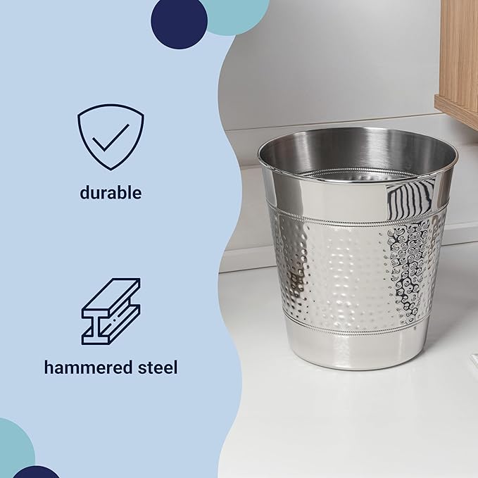 happimess HPM1111E Riley Modern Classic Hammered Steel Accent 2-Gallon Wastebasket for Home Bathroom Living Room Office Bedroom Kitchen Polished Steel