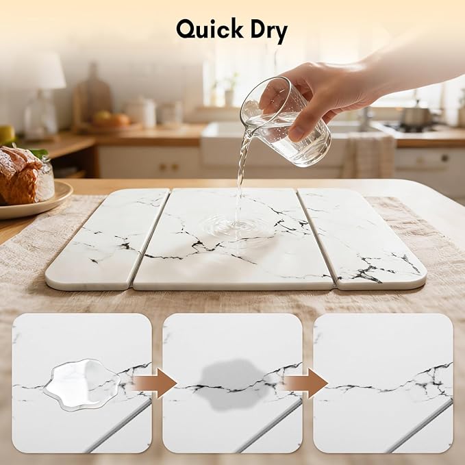 Stone Drying Mat for Kitchen CounterFoldable Quick-Dry Dish Drying MatWater-Absorbent Marble Diatomaceous Earth Mats for Dishes Cups &amp Bottles on Any Countertop(20x16)