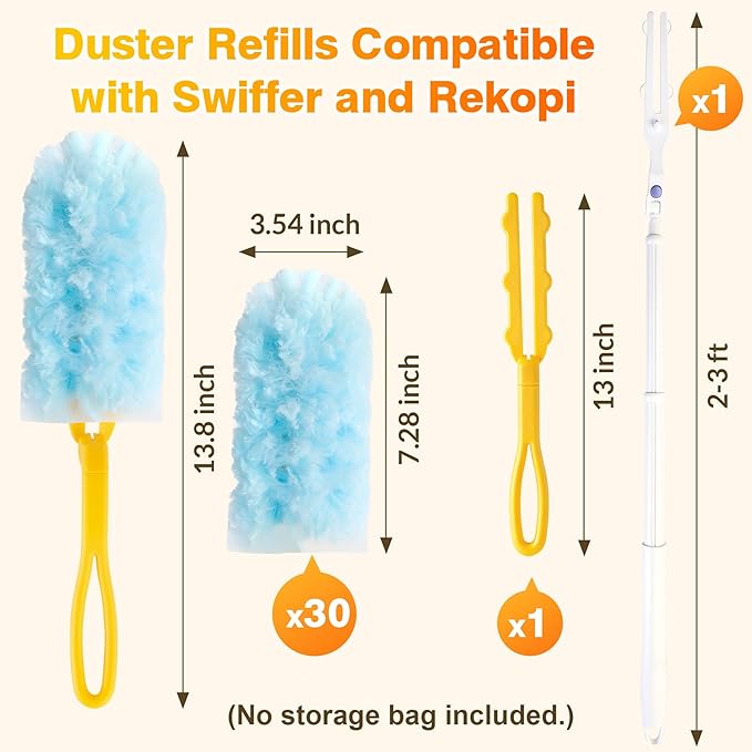Duster Refills for Swiffer Dusters Multisurface 360 Dusters with 3ft Extendable Handle and 1 Short Handle Disposable Duster Kit for Dusting Furniture Blinds Fans Walls (30 Count)