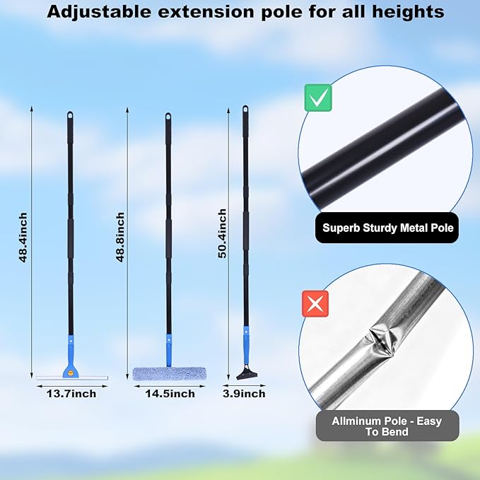 3-in-1 Professional Window Squeegee Kit with 2 Squeegee 2 Microfiber Scrubber 1 Razor Scraper Thick Iron 48.8 Window Squeegee with Extension Pole for Car Glass Mirror Wall Bathroom Home Van