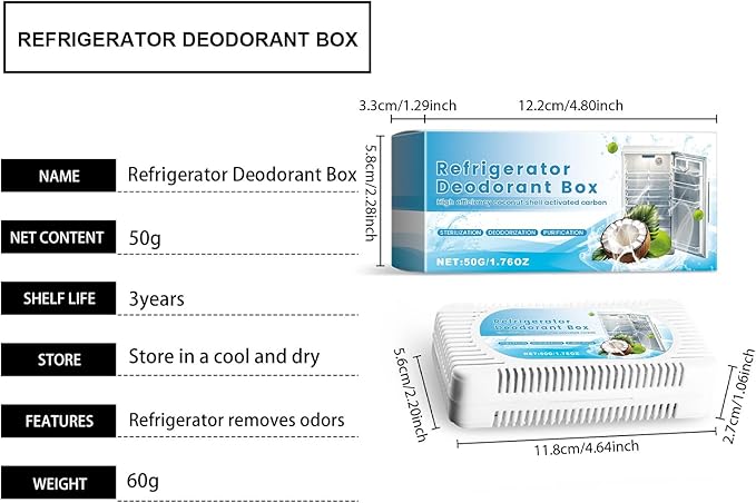 Refrigerator Deodorant Box with Activated Carbon Coconut Shell Odor Eliminator 50G/1.76OZ Reusable Freshener for Home and Commercial Use White