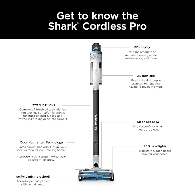 Shark Cordless Pro Vacuum with Clean Sense IQ and Odor Neutralizer PowerFins Plus Brushroll Includes Duster Crevice Tool Up to 40 Minute Runtime Without MultiFLEX IZ562H