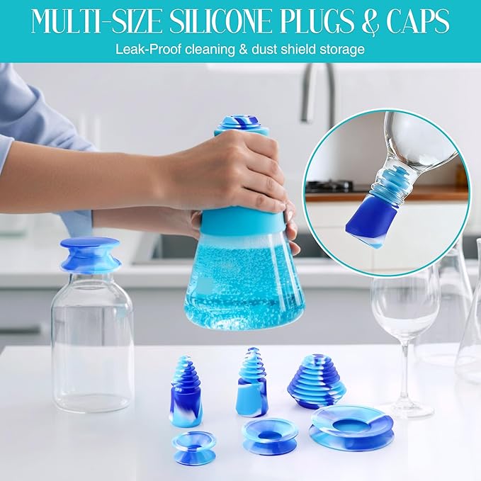 Glass Cleaning Kit - Reusable Silicone Accessories - Complete Kit to Clean your Piece Just Add Cleaner - Reusable Soaker Bag Brushes Mat Caps &amp Plugs Funnel &amp Microfiber Towel (12pc)