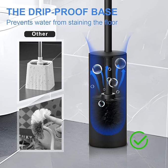 304 Stainless Steel Toilet Bowl Brush and Holder Set Circular Floor Toilet Brush Holder Long Handle Bathroom Heavy-Duty Cleaner High-End Cylinder Wall2 Brush Head (Black) YIGUANXIN