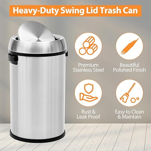 GarveeHome 17 gal/65 L Swing Top Trash Can Stainless Steel Rubbish Bin Commercial Grade Waste Container Round Garbage Can for Outdoor Home Office Restaurant Silver