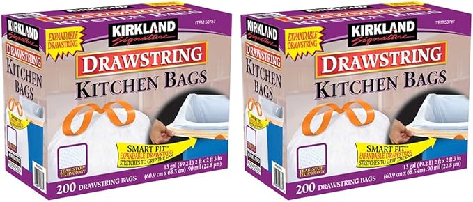 Kirkland Signature Drawstring Kitchen Trash Bags - 13 Gallon - 200 Count (2 Pack)