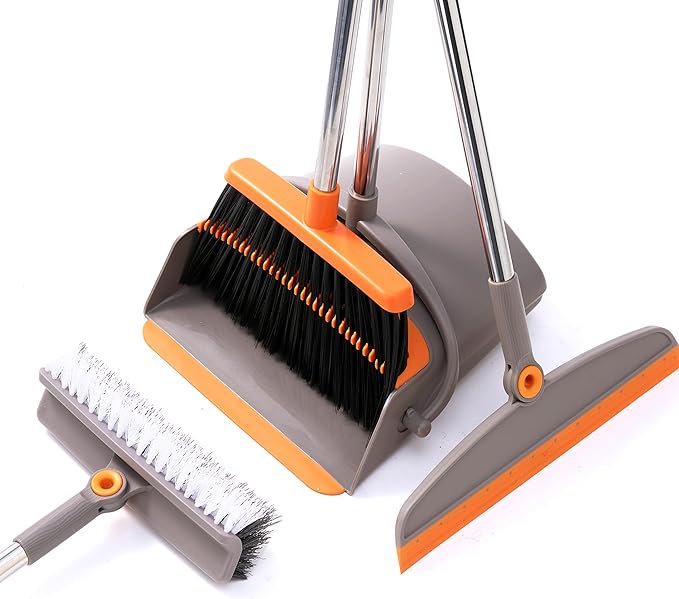 Multifunction 3-in-1 Broom and Dustpan Silicone broom Squeegee and Scrub Brush Set with Long Adjustable Handle for Indoor &amp Outdoor Sweeping and Scrubbing Ideal for Pet Hair Liquids Spills and