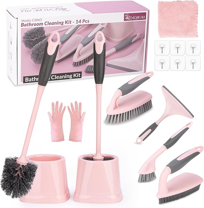 Toilet Brush 2 Pack Toilet Scrubber Brush and Holder Set Bathroom Accessories 14 Pcs Bathroom Cleaning Kit Pink Toilet Bowl Brush and Holder with 5 Brush for Bathroom Bathtub Washbasin