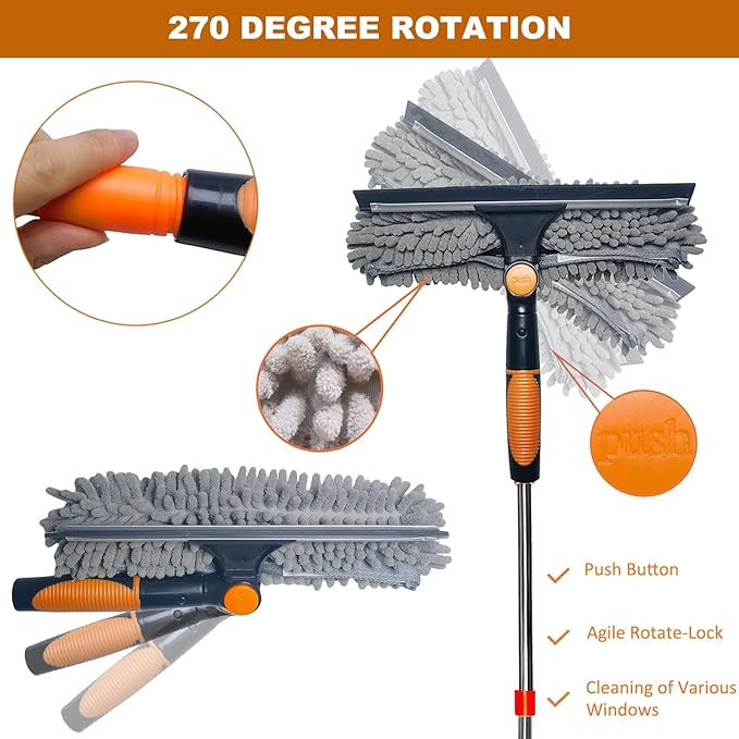20 ft+ Reach Squeegee Window Cleaner Duster 2 in 1 Rotatable Window Cleaning Tool Kit with 3-14 ft Extension Pole Window Washing Equipment for Indoor Outdoor Window Car Glass - 3 Pads
