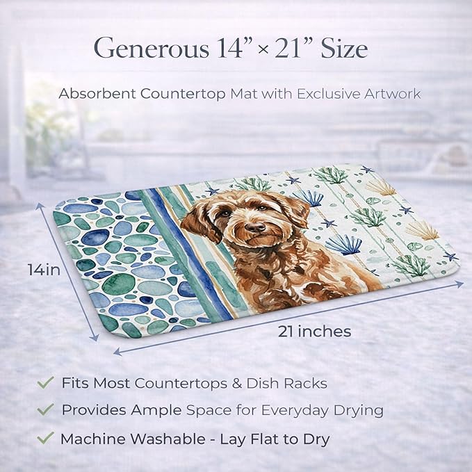 Caroline's Treasures Chocolate Labradoodle Coastal Sea Glass Dish Drying Mat Absorbent Dish Drying Mat Pad for Kitchen Counter Dish Drainer Mat for Countertop 14 x 21 Multicolor