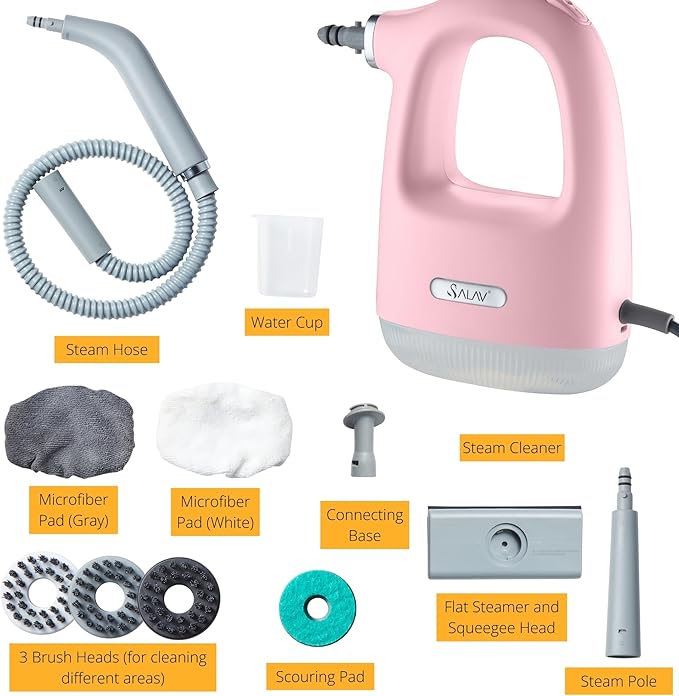 SALAV® CleanSteam Compact Steam Cleaner Pressurized Multi-Surface Handheld Steamer w/11pc Accessories Safety Lock No-Drip Fast Heat Time Unlimited Use for Cleaning Windows Tiles Grout Car (Pink)