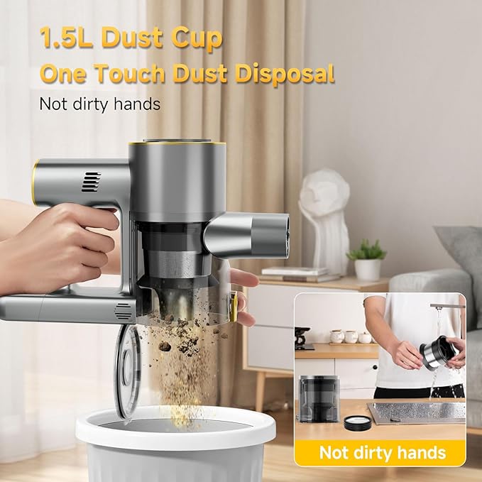 Cordless Stick Vacuum Cleaner - Rechargeable45Kpa Powerful Suction Vacuum for Home45Mins RuntimeDetachable BatteryAnti-Tangle 8 in 1 Lightweight Vacuum for Pet Hair Carpet HardwoodYellow