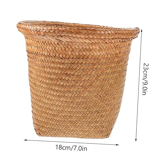 1Pc Straw Woven Wastebasket Rubbish Container for Home Office Kitchen and Bathroom Versatile Trash Can for Waste Paper Flowers and More Design Random Color