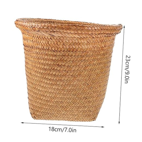1Pc Straw Woven Wastebasket Rubbish Container for Home Office Kitchen and Bathroom Versatile Trash Can for Waste Paper Flowers and More Design Random Color