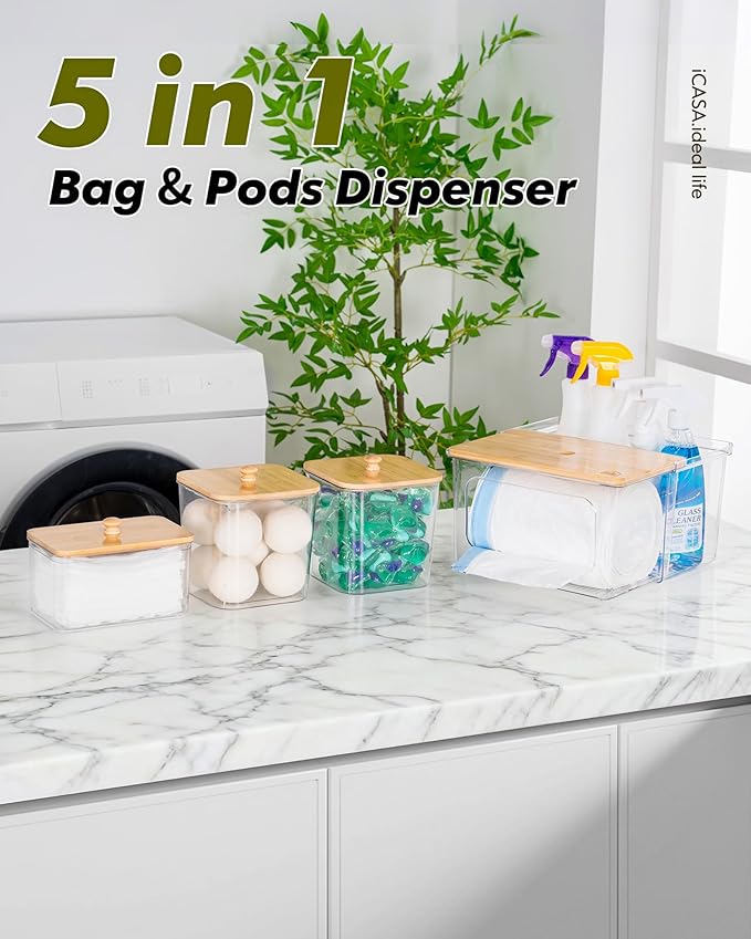 Trash Bag Dispenser Dishwasher Pod Holder - 5 in 1 Plastic Garbage Bag Under Sink Organizer Acrylic Dryer Sheet Balls Laundry Pods Container with Bamboo Lid Pantry Organizers and Storage Box