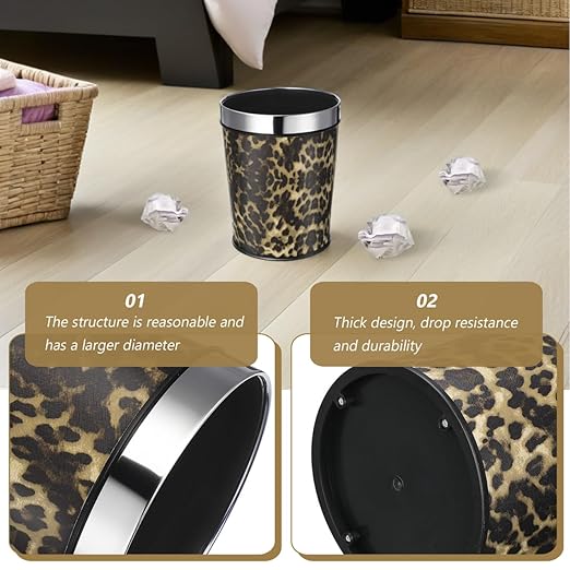 Bathroom Trash Can Recycling Bin Leopard Print Round Waste Basket Office Garbage Can Stainless Steel Trash Container 5L