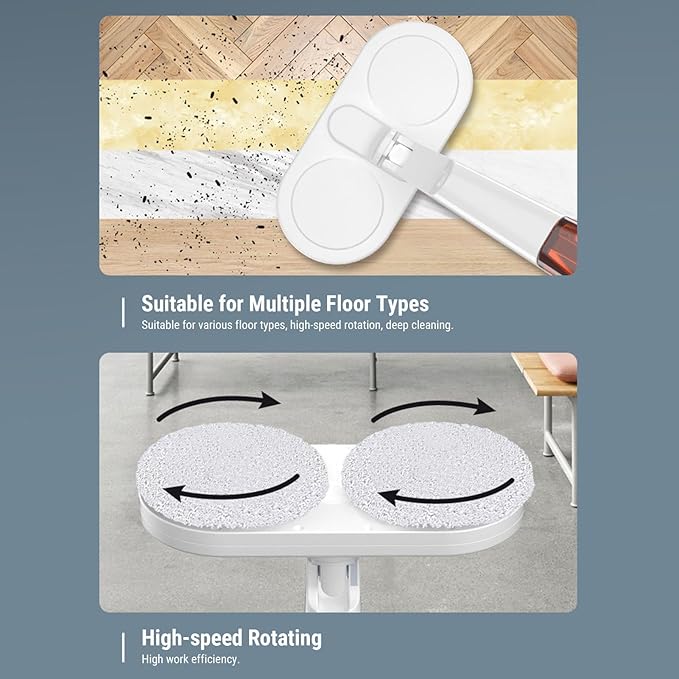 SUNGOOYUE Cordless Electric Mop USB Rechargeable Spin Mop Cleaner with Large Water Container and LED Light for Wet Dry Hard Floor Cleaning Wood Tile Laminate Floor Care
