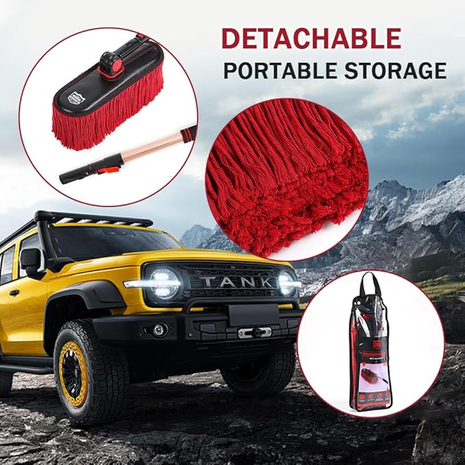 Car Duster Exterior with Extendable Handle Scratch Free Auto Wash Brush Mop Interior Detailing Kit for Truck RV Boat - Wax Cotton Duster &amp Interior Brush Red